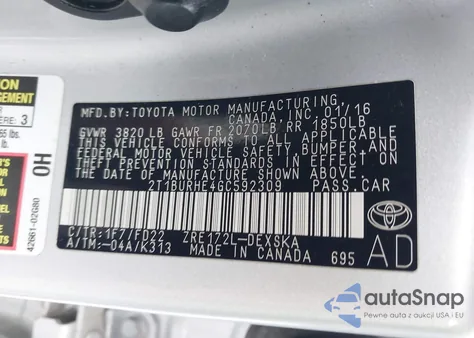 2016 Toyota Corolla S Plus z USA, uszkodzony, nr VIN 2T1BURHE4GC592309